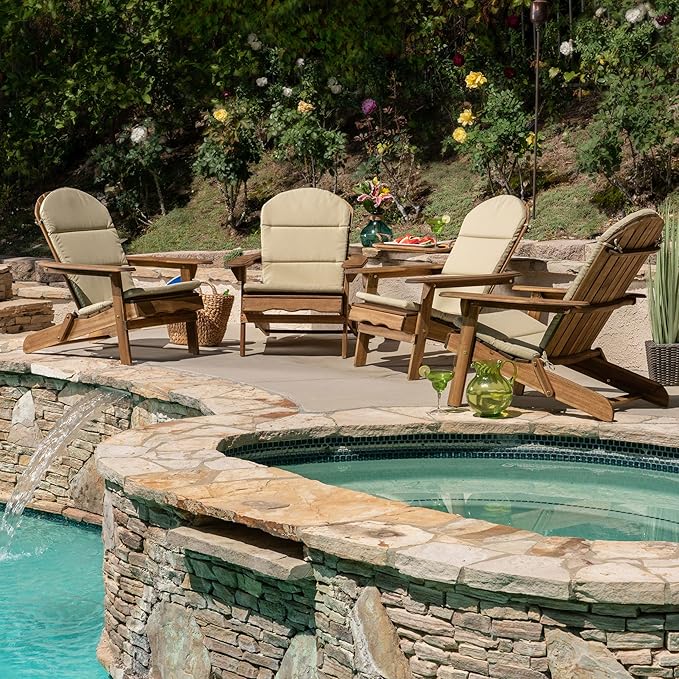 Christopher Knight Home 304696 Amenda Outdoor Acacia Wood Folding Adirondack Chairs with Cushions (Set of 4), Natural and Khaki