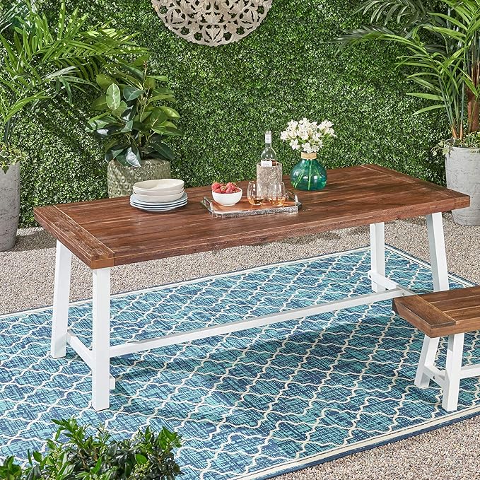 Outdoor Eight Seater Iron Dining Table, Dark Brown and White Finish - Photo 2
