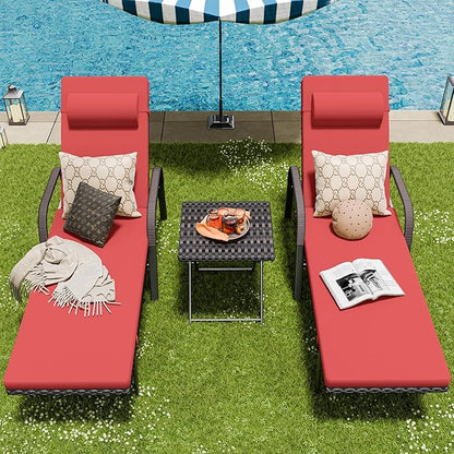 Patio Chaise Lounge Set 3 Pieces Outdoor Lounge Chair with Rattan Adjustable Backrest Armrest and Folding Table for Beach Patio,Sand, for Poolside Backyard Porch