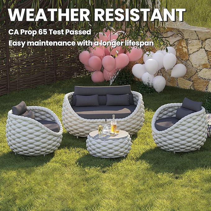 Round Patio Accent Table: φ25.6''/65cm Aluminum Coffee Tables - Hand Woven Rope Side Table Assembled - Metal Modern Outdoor Furniture for 176lbs Deck Porch Garden Poolside Balcony Hotel, Gray