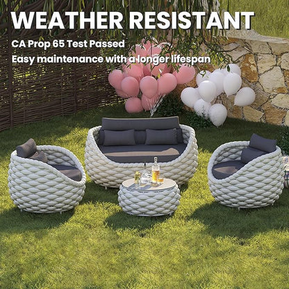 Round Patio Accent Table: φ25.6''/65cm Aluminum Coffee Tables - Hand Woven Rope Side Table Assembled - Metal Modern Outdoor Furniture for 176lbs Deck Porch Garden Poolside Balcony Hotel, Gray