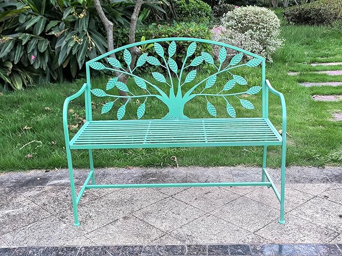 Hi-Line Gift Ltd. 42in Blue Metal Garden Bench Tree Pattern Patio Yard Seat