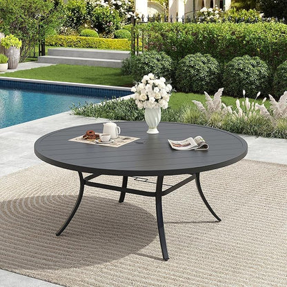 Patio Dining Table for 6-8, Round Metal Outdoor Table with 1.57" Umbrella Hole, 50" Outdoor Slat Tabletop Dining Table for Backyard, Porch, Lawn, Black