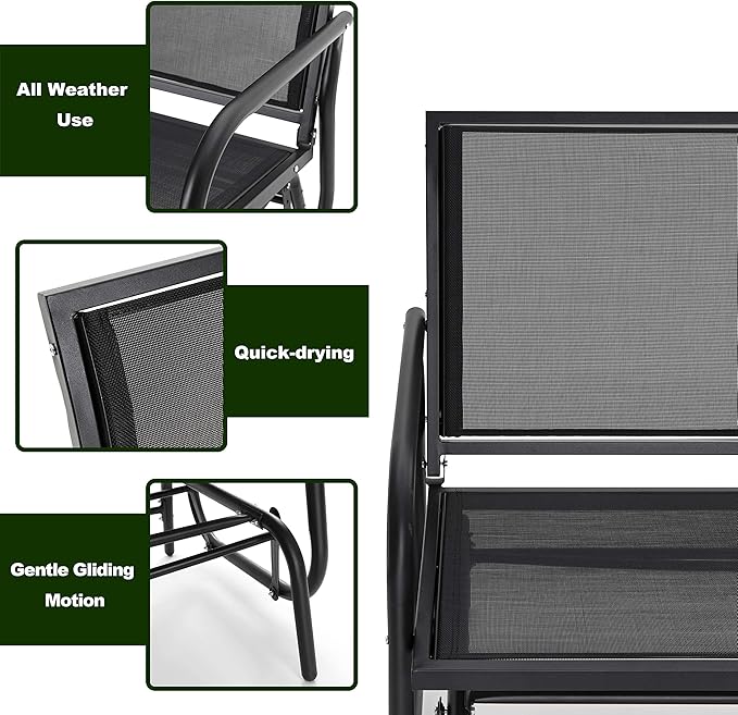 NUU GARDEN 2 Seats Outdoor Glider Bench Patio Glider Swing Chair with Powder Coated Steel Frame and Breathable Seat - Photo 5