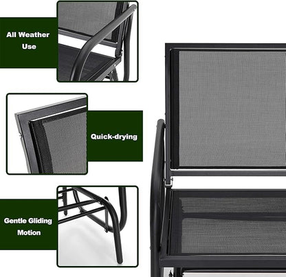 NUU GARDEN 2 Seats Outdoor Glider Bench Patio Glider Swing Chair with Powder Coated Steel Frame and Breathable Seat Fabric Outdoor Loveseat, Black