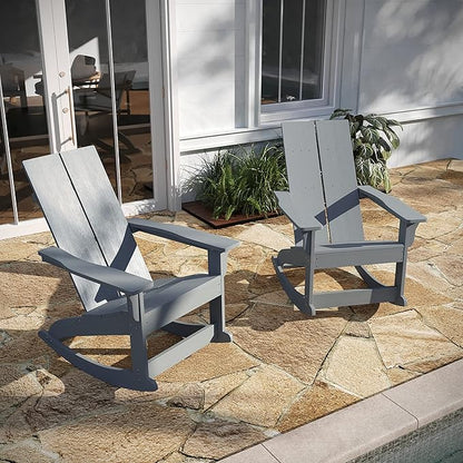 Taylor & Logan Finn Modern All-Weather 2-Slat Poly Resin Rocking Adirondack Chair with Rust Resistant Stainless Steel Hardware in Gray - Set of2