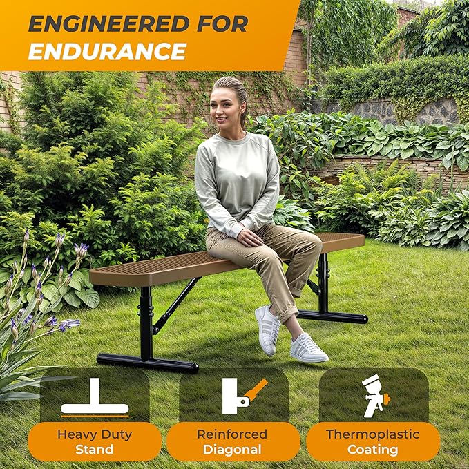 Heavy-Duty Outdoor Metal Bench, Thermoplastic-Coated, Portable, Weatherproof, Commercial-Grade for Parks, Gardens, Patios, Stores & More (6 Ft - Portable, Brown)