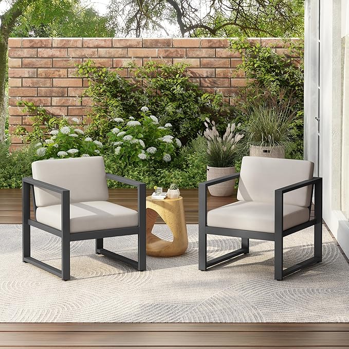 Christopher Knight Home Navan Set of 2 Outdoor Patio Club Chairs with Cushions, Aluminum Outdoor Armchair, Garden Sofa Lounge Chairs, Patio Conversation Set for Porch Backyard Garden, Beige+Black