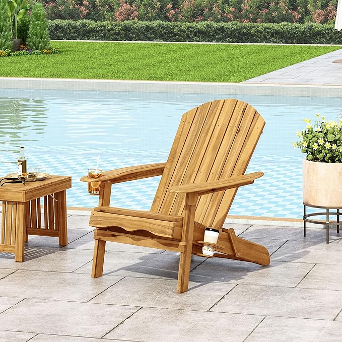 Christopher Knight Home Vera Acacia Wood Lounge Chair Outdoor, Adirondack Chair with Cup Holders, Slatted Design Side Chair, Extra Seating for Balcony Backyard Poolside Garden, Weather Resistant, Teak