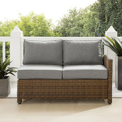 Crosley Furniture Bradenton Outdoor Sectional Right Side Loveseat, 2-Person Wicker Patio Couch for Deck, Brown with Gray Cushions