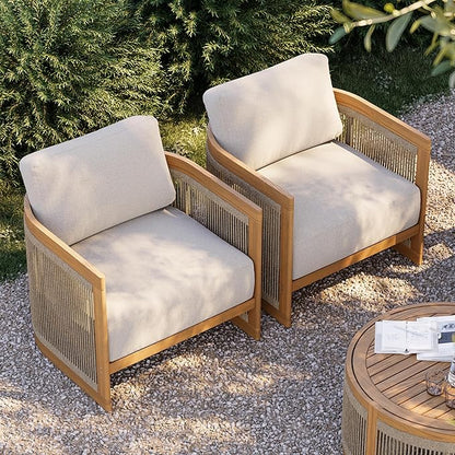 homary Teak Outdoor Chair, Rope Woven Patio Lounge Chair with All-Weather Cushions, Deep Seat Ergonomic Armchair with Removable Washable Covers (1 Chair)