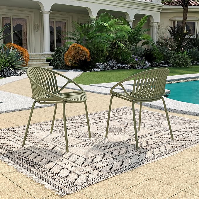 Christopher Knight Home Set of 2 Tita Modern Patio Outdoor Dining Chairs, Stacking Chair, Outside Dinner,Garden/Balcony/Poolside Stackable Accent Chairs,Metal Legs,Plastic Cutout Backrest, Green