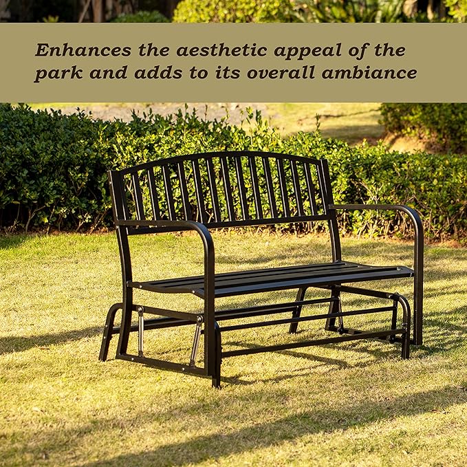 Gardenised QI003392 Outdoor Black Steel Swing, Powder Coated Glider Bench, Loveseat Lawn Rocker Bench for Yard, Patio, Garden and Deck