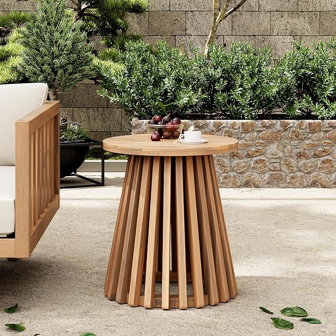 Merax Outdoor Acacia Wood Coffee Table 15.75" Round Patio Side Table for Backyard Lawn Balcony, Aesthetic Slat Base Design (Light Teak)