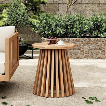 Merax Outdoor Acacia Wood Coffee Table 15.75" Round Patio Side Table for Backyard Lawn Balcony, Aesthetic Slat Base Design (Light Teak)