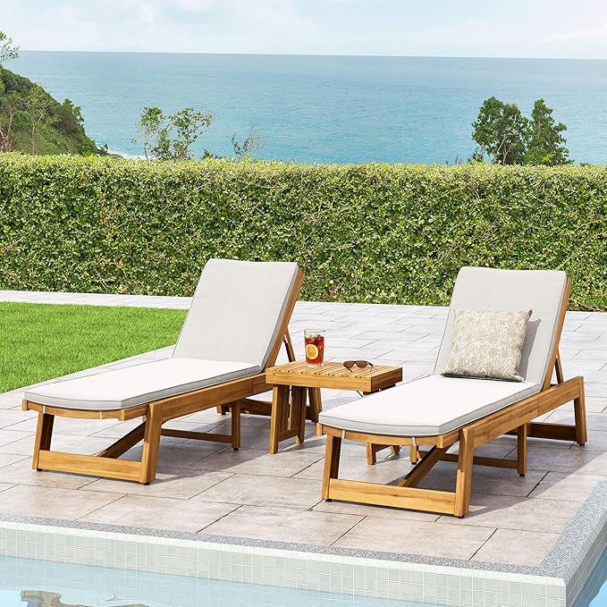 Christopher Knight Home Eugene Outdoor Acacia Wood 3 Piece Chaise Lounge Set, Teak Finish, Yellow, Cream