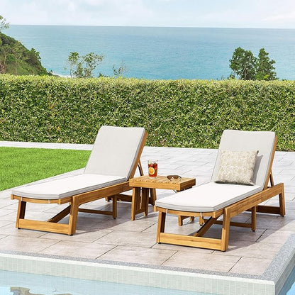 Christopher Knight Home Eugene Outdoor Acacia Wood 3 Piece Chaise Lounge Set, Teak Finish, Yellow, Cream