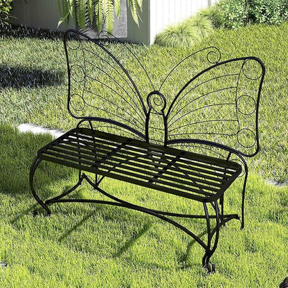 Outdoor Bench Patio Outdoor Garden Bench Butterfly Cast Iron Metal Patio Bench, Outdoor Chair Slatted Seat and Butterfly Pattern Backrest for Outside, Front Porch, Park, Lawn, Backyard and Balcony