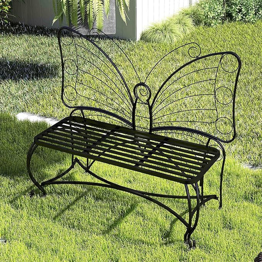 Outdoor Bench Patio Outdoor Garden Bench Butterfly Cast Iron Metal Patio Bench, Outdoor Chair Slatted Seat and Butterfly Pattern Backrest for Outside, Front Porch, Park, Lawn, Backyard and Balcony