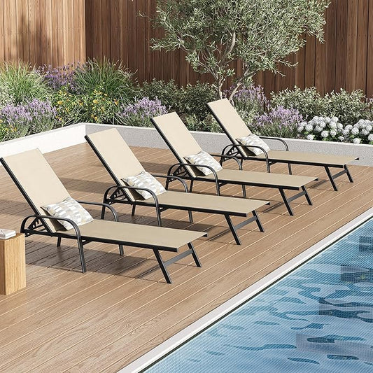 Outdoor Lounge Chair, Adjustable Patio Reclining Chaise with Textilene Fabric, Pool Lounge Chair with 5-Position Backrest for Patio, Garden, Poolside & Balcony,Khaki Set of 4