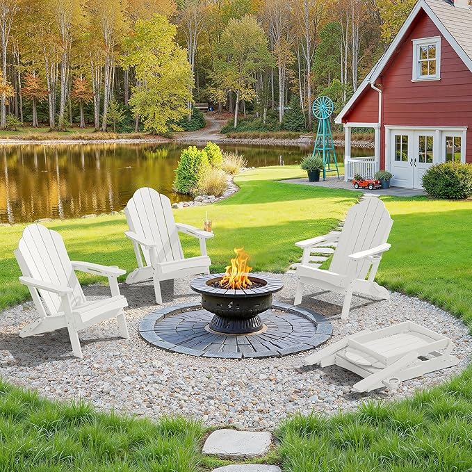LUE BONA Folding Adirondack Chair, Chairs Set of 8, Cup Holder, Woodgrain, Fire Pit, Patio, Pool, White - Photo 1