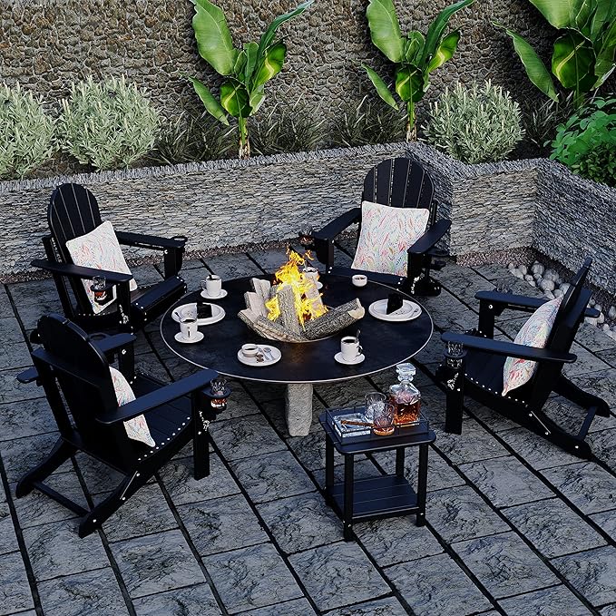Sundale Outdoor Folding Water & Wind Proof Adirondack Chair with 2 Concealable Cup Holder and 1 Stylish Cushion/Pillow, Perfect for Outside Patio Garden Pool Yard Plastic Classic Black