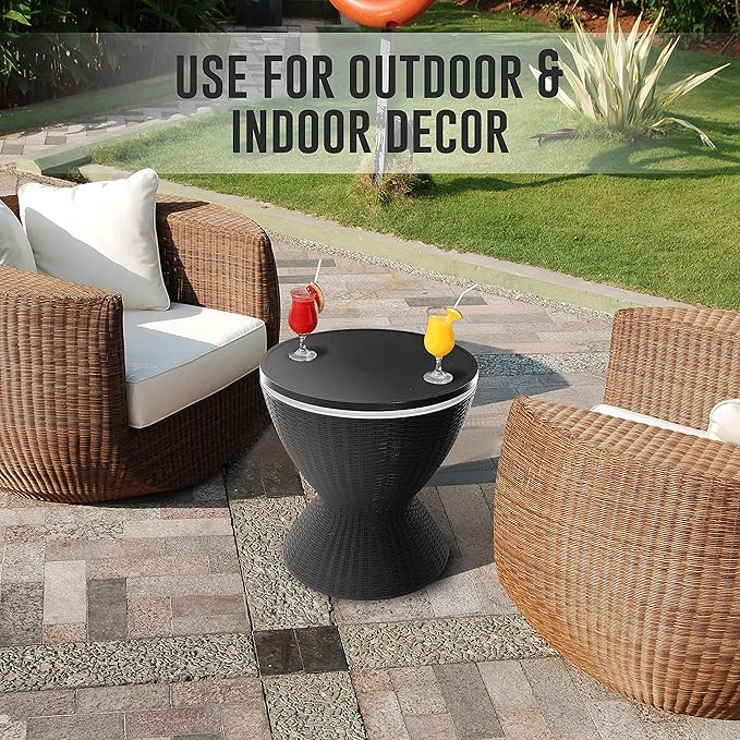 SereneLife Outdoor Cool Bar Table, 7.5 Gallon Beer and Wine Cooler, Patio Furniture & Hot Tub Side Table, Beverage Cooler, All-Weather Resistant Ice Cool Bar, Rattan Style Patio, Cocktail Bar (Black)