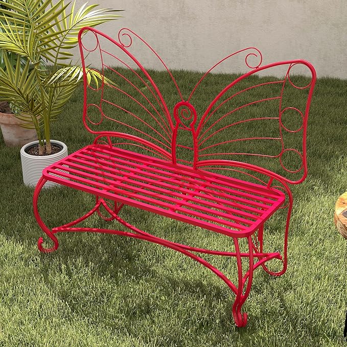 Outdoor Bench Patio Outdoor Garden Bench Butterfly Cast Iron Metal Patio Bench, Outdoor Chair Slatted Seat and Butterfly Pattern Backrest for Outside, Front Porch, Park, Lawn, Backyard and Balcony