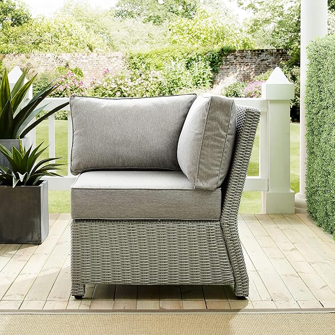 Crosley Furniture Bradenton Corner Outdoor Sectional Chair, Wicker Patio Chairs for Porch, Deck, Backyard, Gray with Gray Cushions