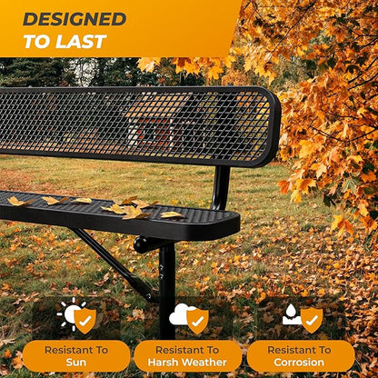 Heavy-Duty Outdoor Metal Bench, Thermoplastic-Coated, Surface, Weatherproof, Commercial-Grade for Parks, Gardens, Patios, Stores & More (4 Ft - Surface with Back, Black)