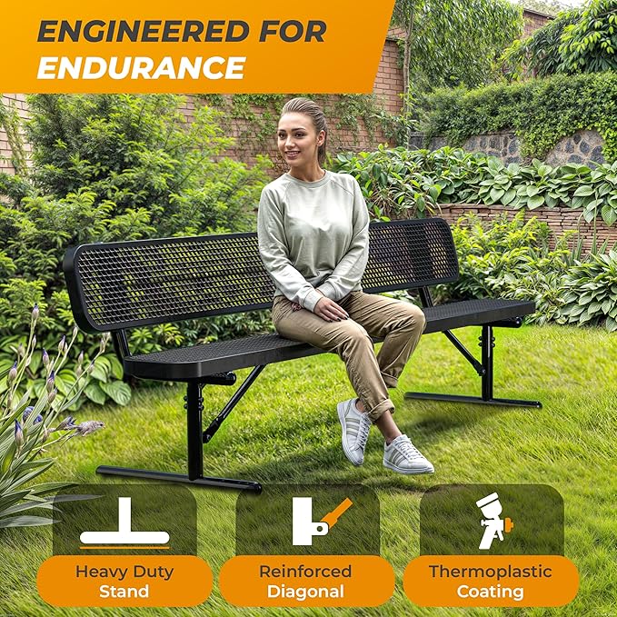 Heavy-Duty Outdoor Metal Bench, Thermoplastic-Coated, Portable, Weatherproof, Commercial-Grade for Parks, Gardens, Patios, Stores & More (8 Ft - Portable with Back, Black)