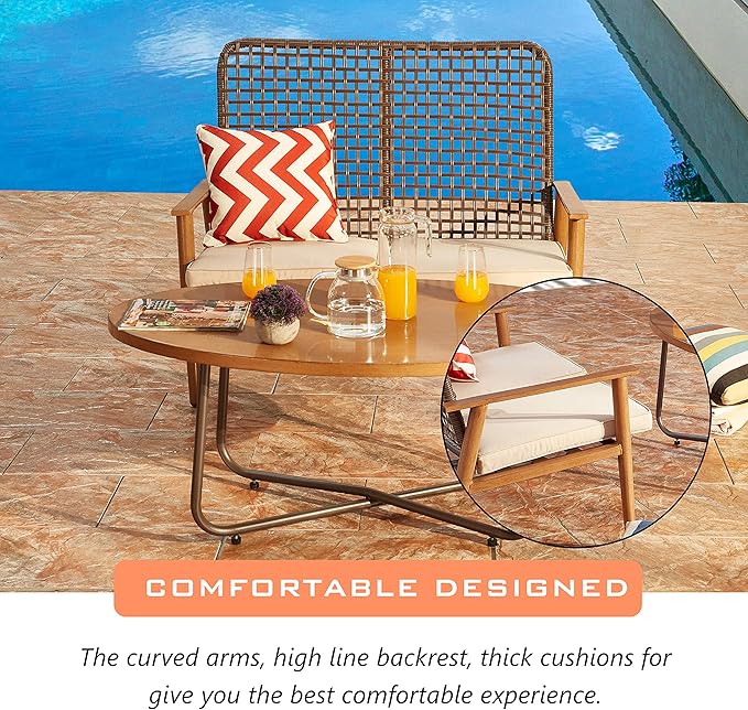 LOKATSE Home Outdoor 2 Pcs Patio Loveseat Wood with Coffee Table Bistro Cushioned Outside Bench Wicker for Garden Poolside Balcony, Khaki