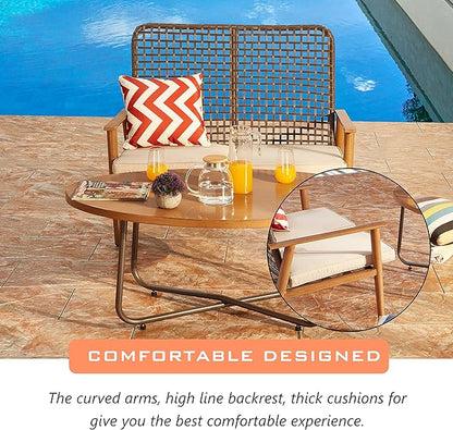LOKATSE Home Outdoor 2 Pcs Patio Loveseat Wood with Coffee Table Bistro Cushioned Outside Bench Wicker for Garden Poolside Balcony, Khaki
