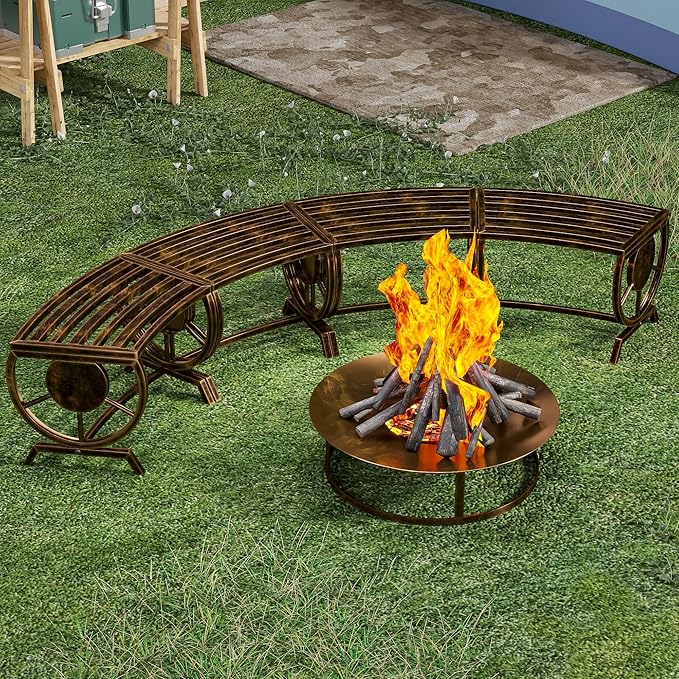 Outdoor Bench Patio Outdoor Garden Bench with Built-in Table, Wagon Wheel Arms, 3 People Outdoor Bench Garden Bench Front Porch Furniture (Bronze-22.83inch-4Pieces)