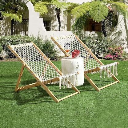 Set of 2 Boho Rope Folding Lounge Chairs – Adjustable Outdoor Macrame Patio Chairs with Bamboo Frame, Portable Deck Chairs for Garden, Porch, Beach, Poolside (Natural)