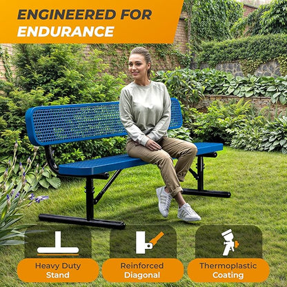 Heavy-Duty Outdoor Metal Bench, Thermoplastic-Coated, Portable, Weatherproof, Commercial-Grade for Parks, Gardens, Patios, Stores & More (6 Ft - Portable with Back, Blue)