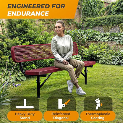 Heavy-Duty Outdoor Metal Bench, Thermoplastic-Coated, Inground, Weatherproof, Commercial-Grade for Parks, Gardens, Patios, Stores & More (6 Ft - Inground with Back, Red)