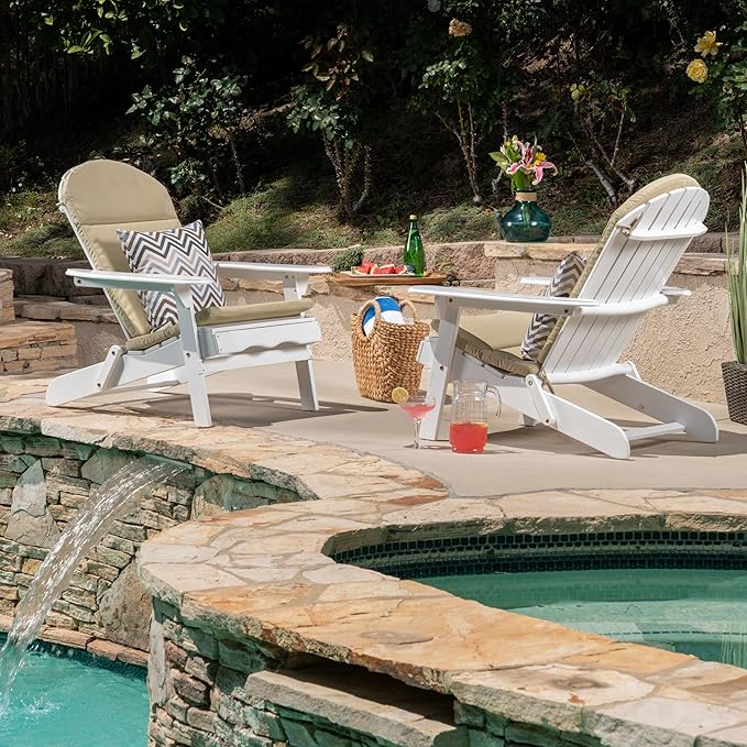 Christopher Knight Home 304625 Amenda Outdoor Acacia Wood Folding Adirondack Chairs with Cushions (Set of 2), White and Khaki