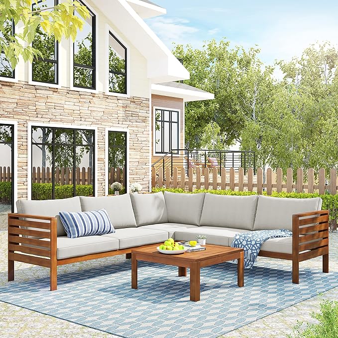 Quarte 4 Piece Outdoor Patio Conversation Furniture Set, Wood Sectional Sofa Set with Water Resistant Cushions/Coffee Table, Garden Backyard Poolside L Shape Corner Sofa Set…