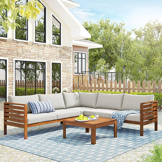 Quarte 4 Piece Outdoor Patio Conversation Furniture Set, Wood Sectional Sofa Set with Water Resistant Cushions/Coffee Table, Garden Backyard Poolside L Shape Corner Sofa Set…