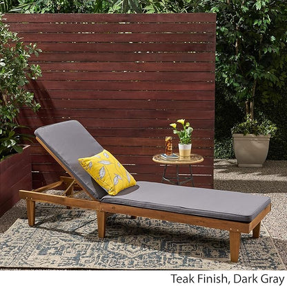 Great Deal Furniture Yvette Outdoor Acacia Wood Chaise Lounge and Cushion Set, Teak and Dark Gray, (309789)