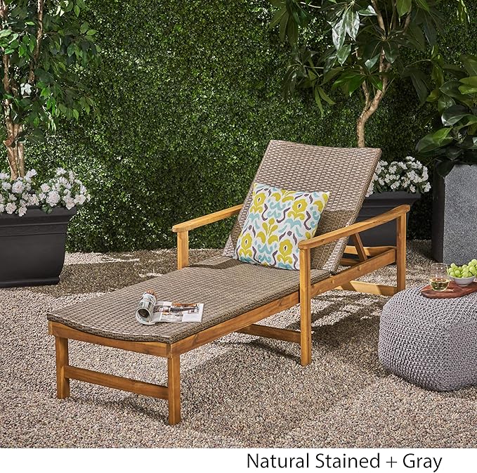 Great Deal Furniture Kyle Outdoor Rustic Acacia Wood Chaise Lounge with Wicker Seating, Natural and Gray