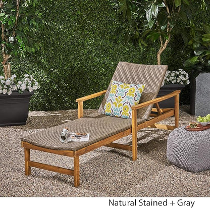 Great Deal Furniture Kyle Outdoor Rustic Acacia Wood Chaise Lounge with Wicker Seating, Natural and Gray