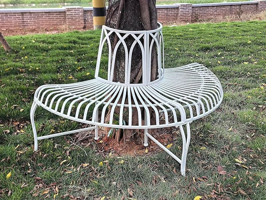 Hi-Line Gift Ltd. Semi-Circle White Metal Tree Wrap Garden Bench