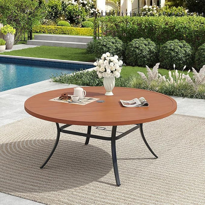 Patio Dining Table for 6-8, Round Metal Outdoor Table with 1.57" Umbrella Hole, 50" Outdoor Slat Tabletop Dining Table for Backyard, Porch, Lawn, Walnut