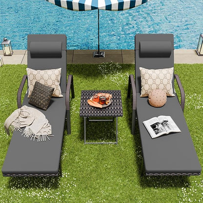Patio Chaise Lounge Set 3 Pieces Outdoor Lounge Chair with Rattan Adjustable Backrest Armrest and Folding Table for Beach Patio,Sand, for Poolside Backyard Porch