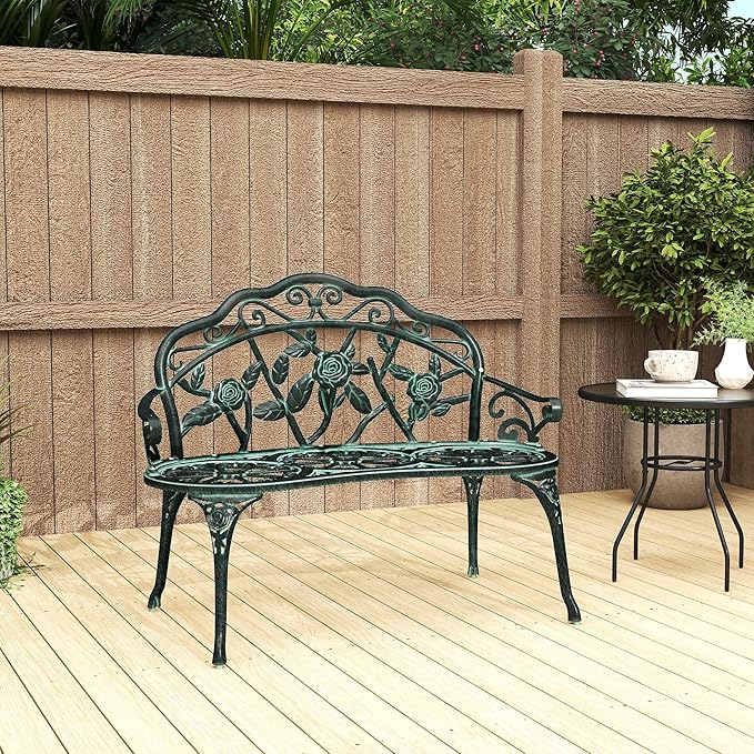 Antique-Style Metal Garden Bench with Back and Armrests