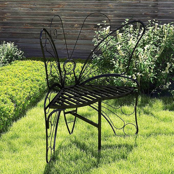 Cute Butterfly Bench Outdoor, Metal Garden Benches for Outdoors Patio Yard Lawn Balcony, Sturdy Frame (38 inch)