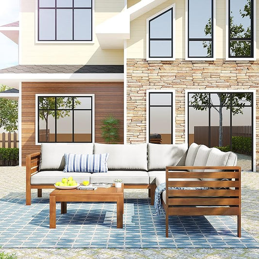 Quarte 4 Piece Outdoor Patio Conversation Furniture Set, Wood Sectional Sofa Set with Water Resistant Cushions/Coffee Table, Garden Backyard Poolside L Shape Corner Sofa Set…