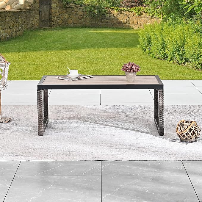 Rattan Patio Coffee Table Match Outdoor Furniture Modern Rectangle Metal Coffee Table for Livingroom, Garden, Backyard
